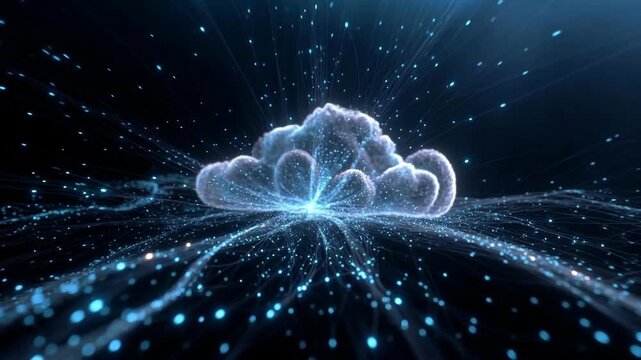 Glowing particle cloud shape in digital abstract style on dark backdrop, symbolizing data flow and cloud computing