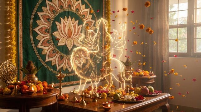 Ethereal glow of Goddess Durga riding a lion during Navratri festival