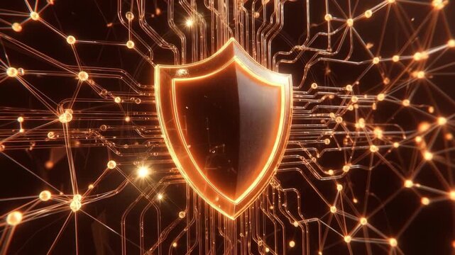 Glowing shield over intricate circuitry in luminous tech style on dark background, concept of cybersecurity and protection