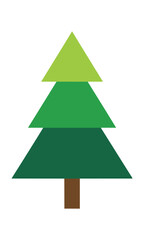Obraz premium Minimalist pine tree composed of stacked geometric green triangles with a brown trunk on a white background, forest nature concept