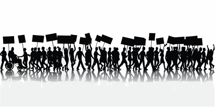 Protest march silhouette vector illustration with diverse people holding banners and signs