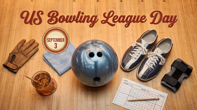 US Bowling League Day Bowling Shoes Ball and Glove Flat Lay