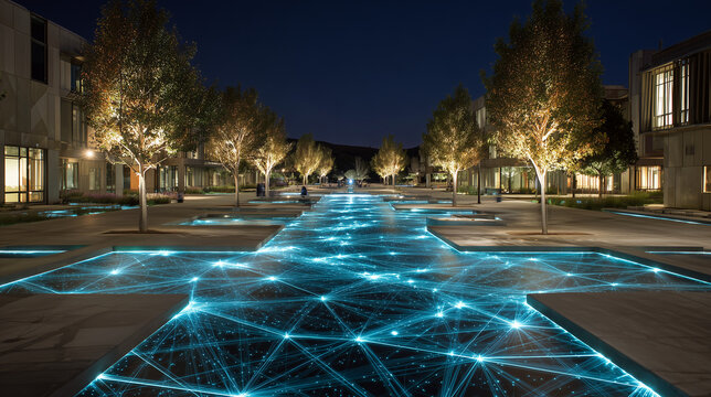 Night plaza with glowing cyan digital grid water channel and trees wrapped in warm white lights