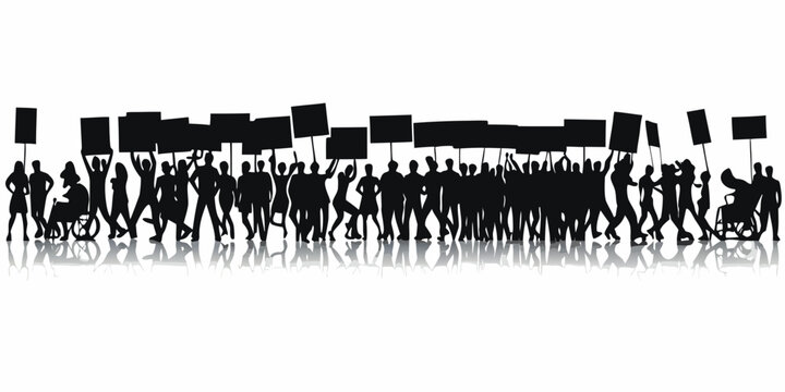 Protest March Silhouette Vector Illustration With Reflections On White Background