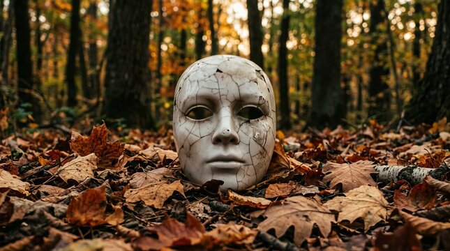 Cracked Mask in Autumn Forest Floor