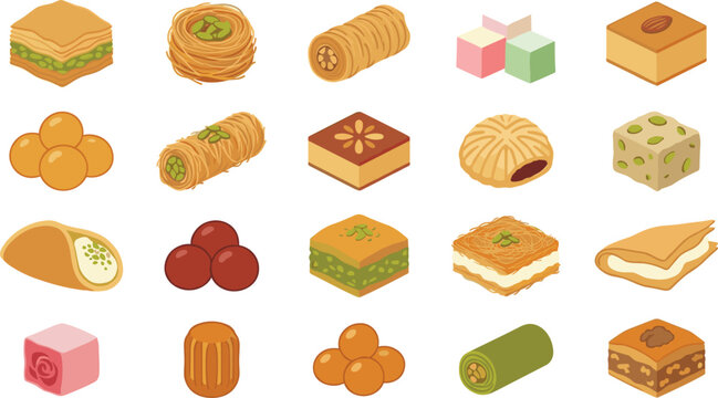 Comprehensive Isometric Middle Eastern Dessert Icon Set Featuring Baklava, Turkish Delight, Basbousa, and Qatayef Vectors for Bakery Menus, Infographics, and Web Interface Designs