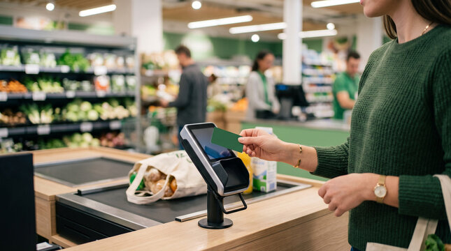 Customer using contactless payment card terminal at grocery store checkout counter for convenient transaction with brightly lit supermarket captures close side