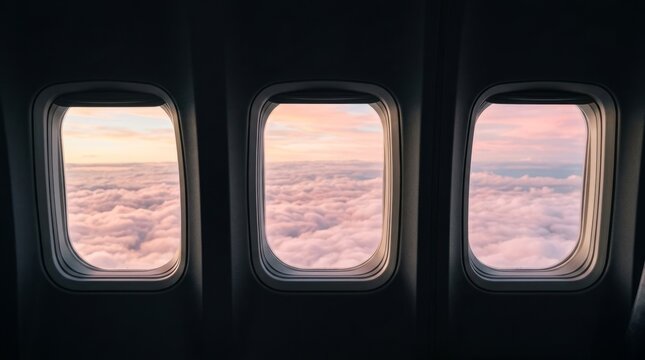 Airplane windows overlooking soft clouds at sunset, travel concept