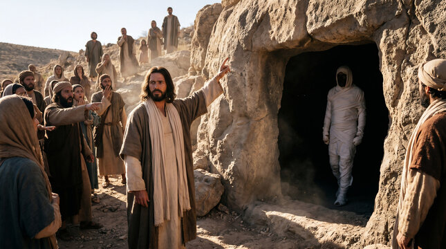 Jesus raising Lazarus from the dead. A man wrapped in burial linens walking out of a dark stone tomb