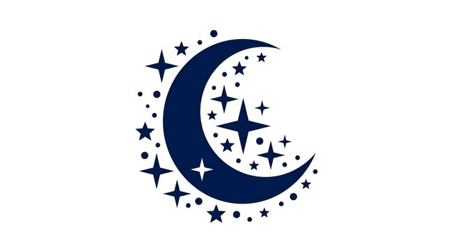 Celestial crescent moon with sparkling stars and dots, dark blue on white background