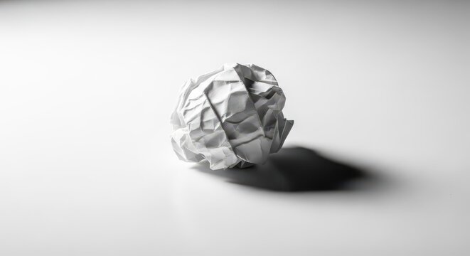 A single crumpled piece of white paper lies alone on a stark white surface, capturing a sense of lost words and deep emotional emptiness, crushed, still, message