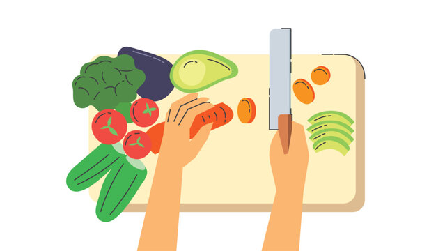 Top view of hands chopping up vegetables on a cutting board, colorful vector illustration white background