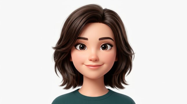 Charming 3D Animated Girl Portrait, Short Brown Hair, Friendly Smile, Studio Shot