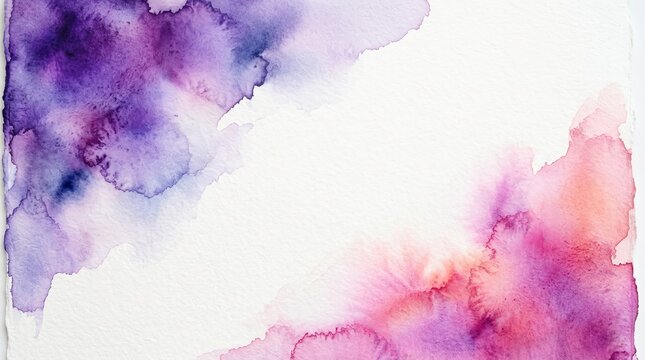 Abstract watercolor splashes, vibrant purple and pink hues on textured white paper background.