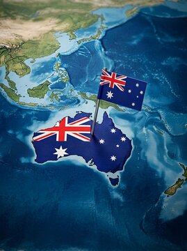 Flag of Australia pinned on world map. For travel destination, studying abroad, immigration, geography, tourism, international business, and education