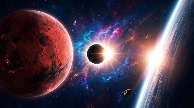 Cosmic Eclipse: Planets, Nebula, and Stars in Deep Space