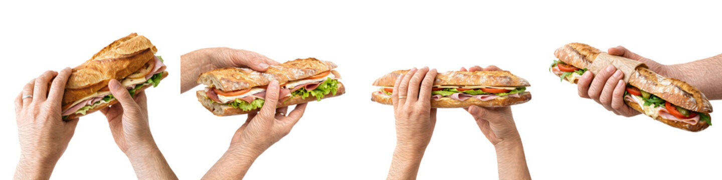 Hands Holding Fresh Submarine Sandwich on Baguette Isolated on White Background Stock Photo - Professional Food and Lunch Concept Photography