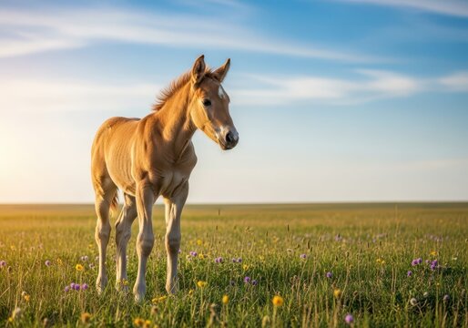 An adorable young foal mustang with a fuzzy coat stands peacefully in a vast, sunlit prairie meadow, embodying freedom and wilderness, baby, majestic, sunlight