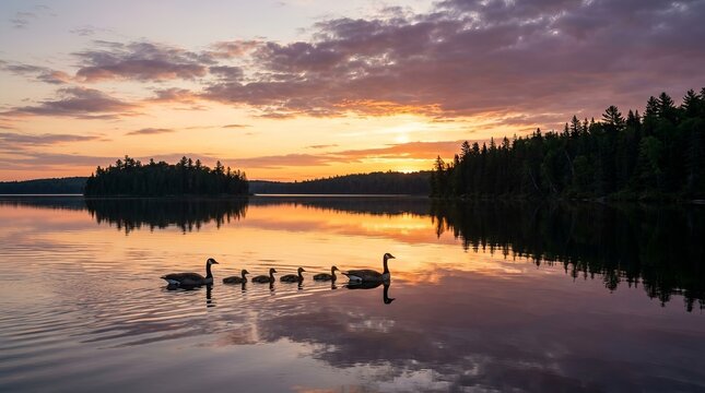 Canada Geese Family Swimming on Serene Lake at Golden Hour Sunset