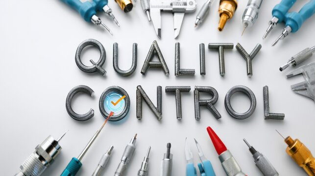 Quality control text in a 3D font surrounded by precision tools and measuring instruments, symbolizing accuracy and inspection