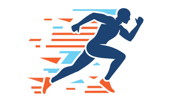 Stylized sprinter icon in a dynamic running pose with streamlined motion trails on a solid background athletic performance concept