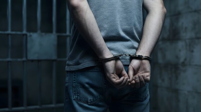 Handcuffed Man Standing in Front of Jail Cell Bars Rear View