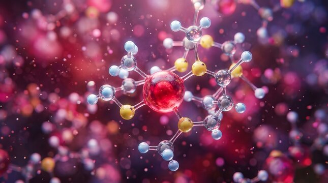 Abstract molecular structure with red central atom and light blue, yellow spheres, science background