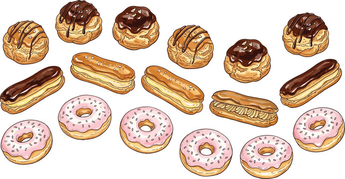 Hand Drawn Watercolor Bakery Pastry Vector Elements Set Featuring Chocolate Glazed Eclairs, Frosted Pink Sprinkled Donuts, and Filled Cream Puff Profiteroles for Cafe Menu Patterns
