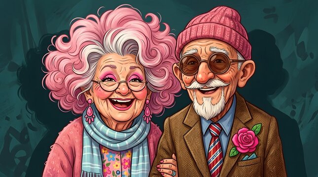 A happy halloween new colorful concept featuring a stylish elderly couple with vibrant pink hair and festive attire