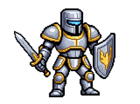 Robotic knight in silver armor wielding sword and shield with golden emblems.
