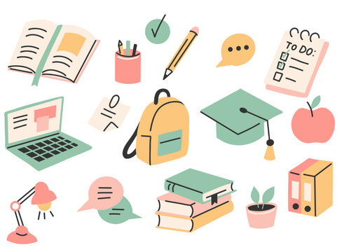 Collection of vector clip art on the theme of school. Back to school. Set of illustrations on the topic of education and learning in a flat style