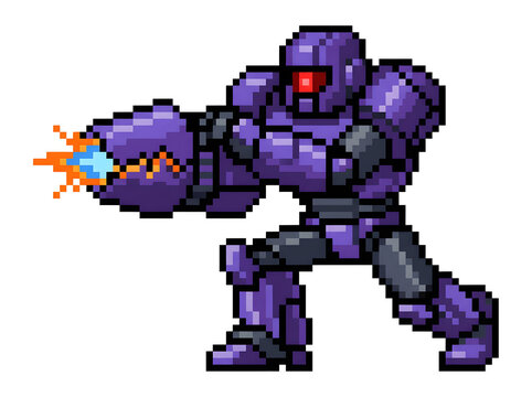 Pixel art purple armored robot shooting energy blast, futuristic soldier character.