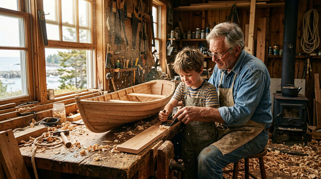 Two generations of woodworkers collaborate in a rustic workshop filled with handcrafted wooden bowls and tools.