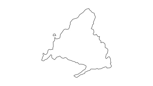 Minimalist map of the community of Madrid appearing on white background with black outline and motion stroke animation.