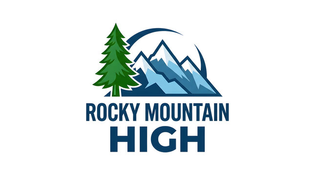 Rocky Mountain high landscape logo with pine tree and peaks. Scenic emblem for outdoor adventure and nature branding.
