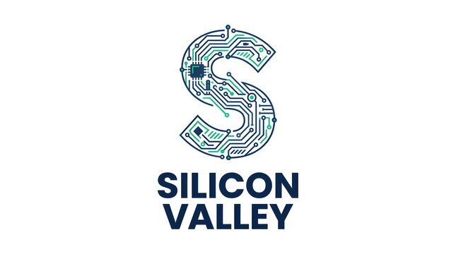 Silicon Valley tech logo with circuit board design. Futuristic startup emblem symbolizing innovation and digital connectivity.