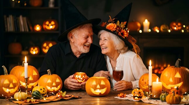 Happy halloween new colorful concept featuring a senior couple celebrating with pumpkins and candles in a festive home
