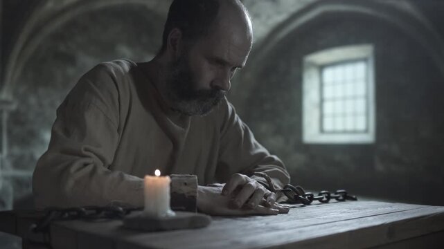 Chained dungeon prisoner quickly scratching his hand, looking down and raising an alarmed look aside while sitting at a rustic wooden table next to a burning candle, inside a stone jail cell