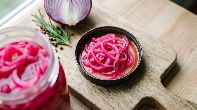 Pickled red onion slices in a small bowl on a wooden board