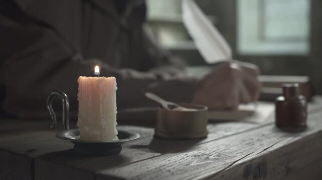 Close up of a burning candle on a rough monastery table with a medieval scribe and inkpot in the background