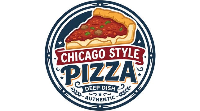 Chicago deep-dish pizza slice vintage sign. Retro round emblem for pizzeria branding and food marketing.