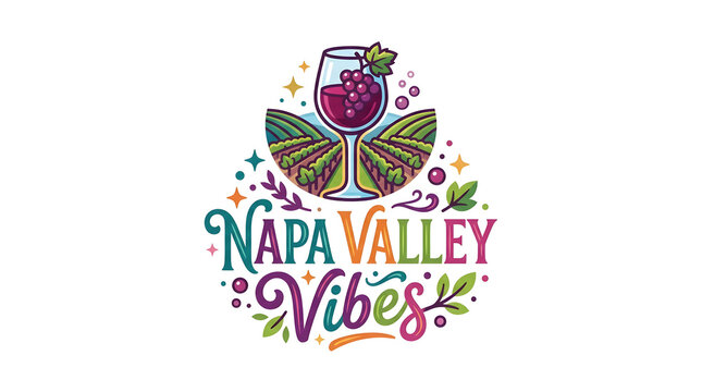 Napa Valley wine branding logo with grapevine and glass. Hand-drawn vineyard emblem for winery marketing and tourism promotions.