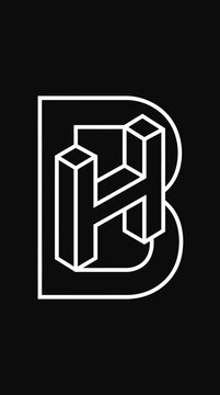 Isometric 3D wireframe monogram letters B and H.