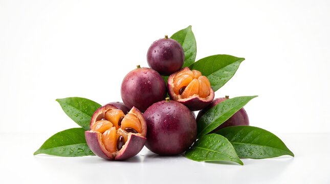 Fresh purple star apples with green leaves isolated on a white background.