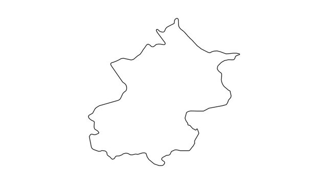 Self drawing animation of black outline map of xinjian on white background, copy space, geographic, travel.