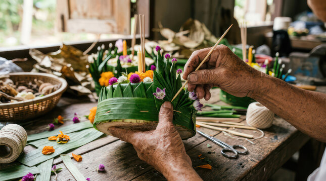 Hands crafting a traditional Thai krathong for Loy Krathong festival.