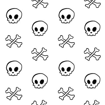 Seamless hand-drawn pattern of creepy cute skulls and bones in line art on white background for Halloween-themed textiles, gift wrapping paper, packaging, apparel fabric prints, linens, accessories.