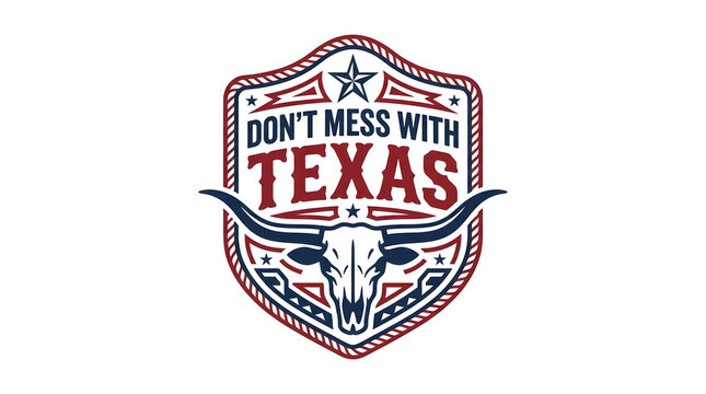 Texas pride longhorn skull emblem with bold slogan. Vintage Western badge design for branding and apparel.