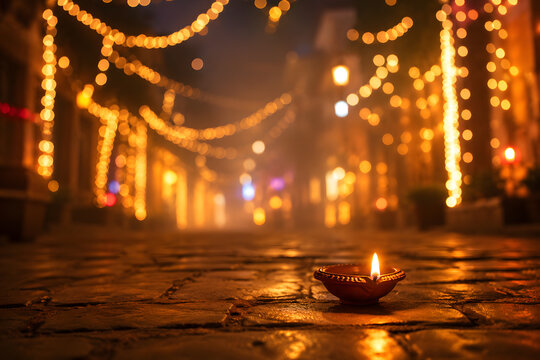 Happy Diwali - Lit diya lamp on street at night. Happy Diwali festival with oil lamp, Diwali holiday Background with rangoli, Diwali celebration greeting card. 3d render