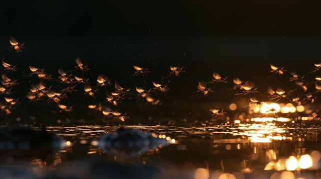 Mayflies Illuminated Over Dark Water at Night